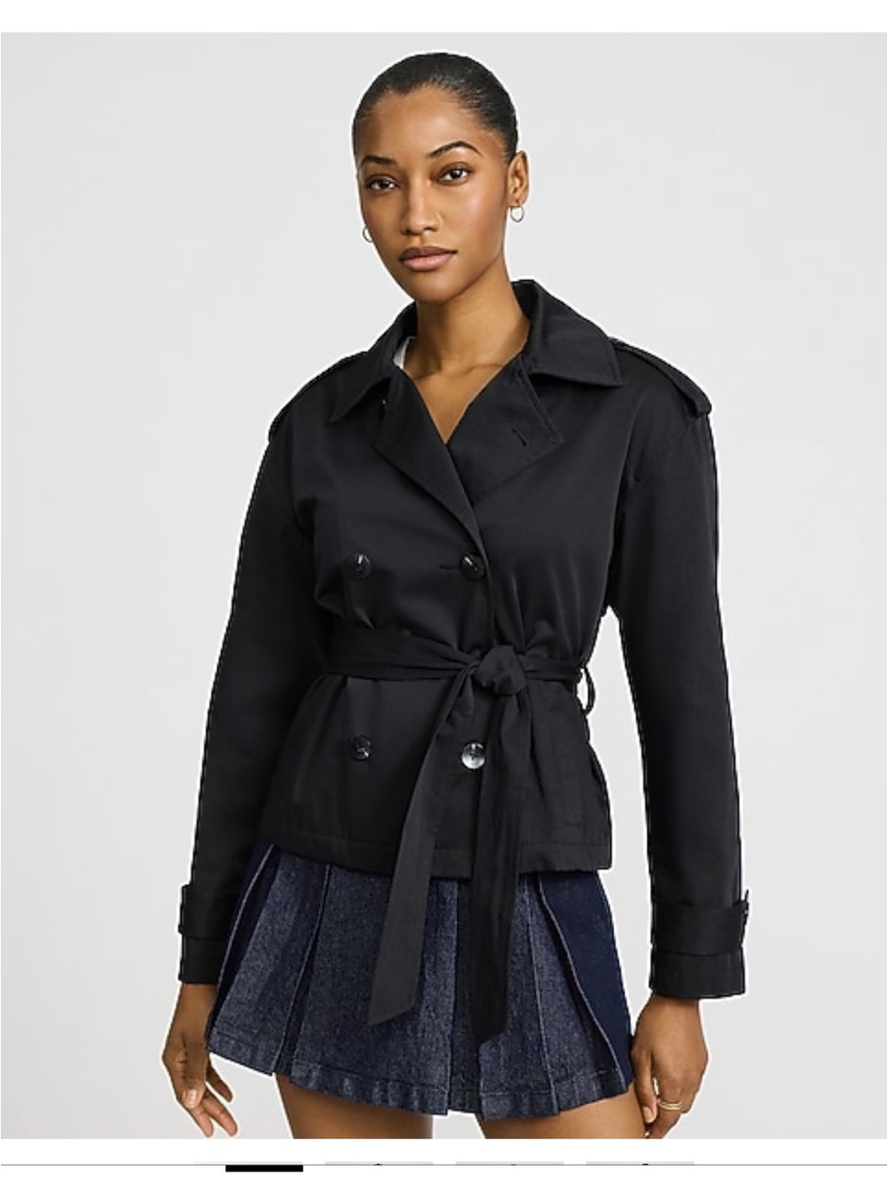Black Double-Breasted Cropped Tie-Waist Trench Jacket